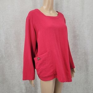 Fridaze Linen Pullover w/ Asymmetric Hem Women's Red Long Sleeve Top
